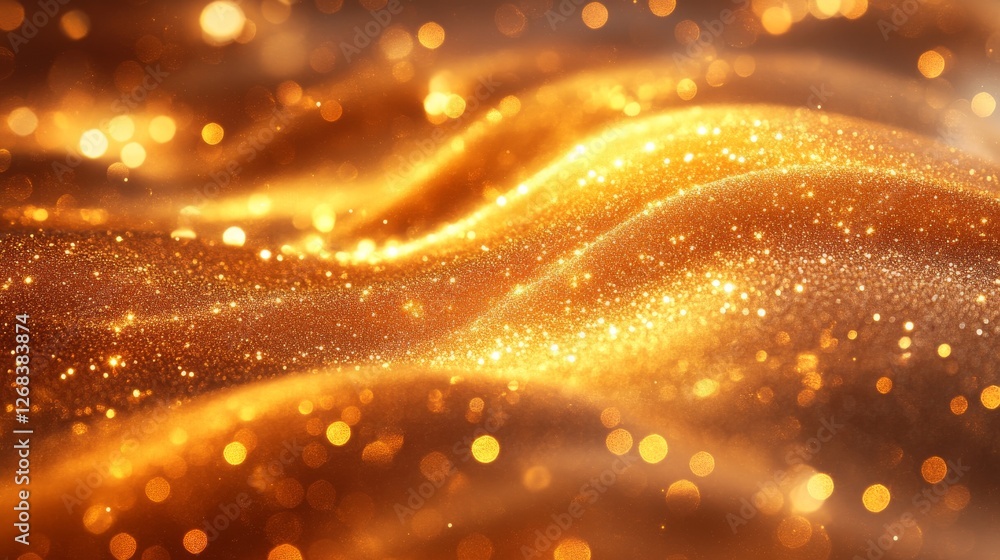 Poster a warm abstract background with golden bokeh lights and shimmering glitter waves, creating a luxurio