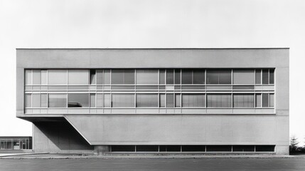 Black and white photograph of the exterior wall facade of an office building with large windows, with one side leaning in slightly more than the other sides, gray color palette
