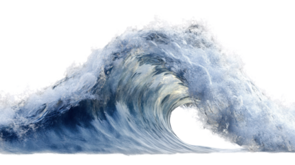Big blue ocean wave breaking with foam and transparent background