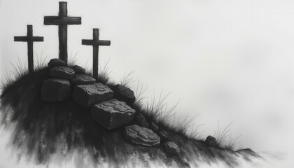 Three Crosses on Hill at Cloudy Sunset