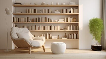 A minimal home library with built-in bookshelves, soft lighting, and a cozy reading chair with white background.