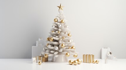 A minimalist Christmas tree with delicate white lights and neutral-toned ornaments, with white background.
