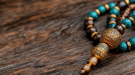 Naklejka premium Ornate turquoise and wooden prayer beads rest on a rustic dark wood surface in soft natural light.