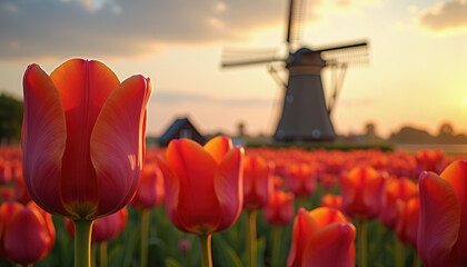 Obraz premium Tulips in Front of Windmill at Sunset