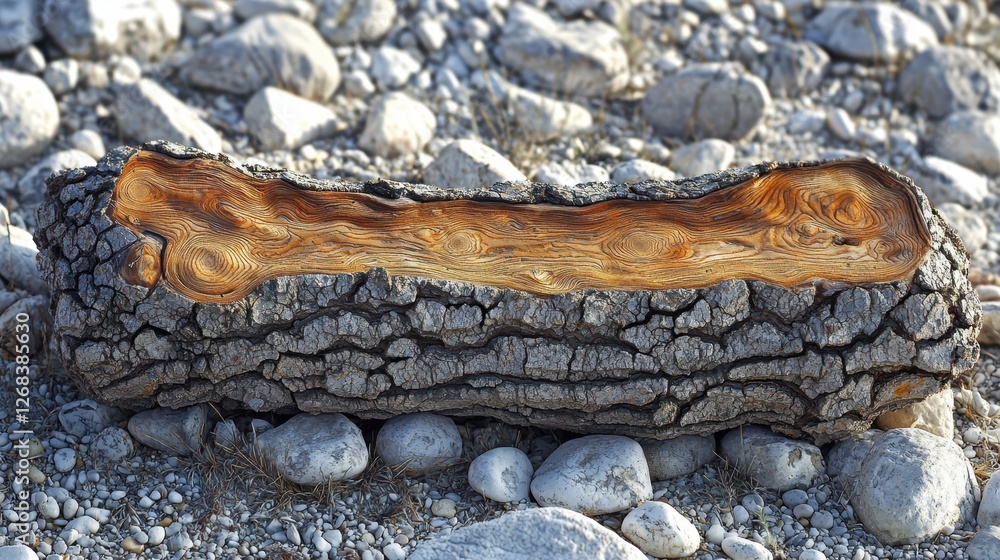 Poster a cross-section of a log revealing intricate wood patterns on a rocky surface.