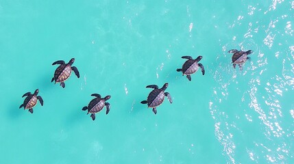 Aerial view of sea turtles swimming in turquoise ocean, sunny day