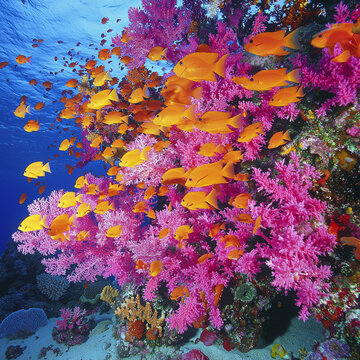 Vibrant coral reef teeming with orange fish