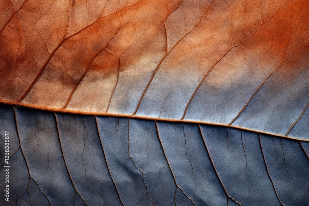 Poster macro photography of autumn leaf texture showing detailed veins and color transition from orange to 