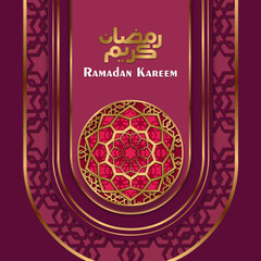 Luxurious Ramadan kareem design with a maroon background, intricate geometric patterns in gold and red, and a highlighted mandala centerpiece. perfect for greeting card and social media.