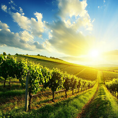 Fototapeta premium Sunlit vineyard rows at sunset, vibrant green leaves and golden light