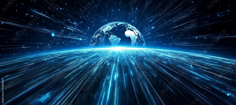 Poster Earth world globe with data wave speed burst. Global internet network telecom and communication. Generative video AI technology.