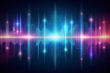 Colorful sound waves pulse, city backdrop, digital music visualizer