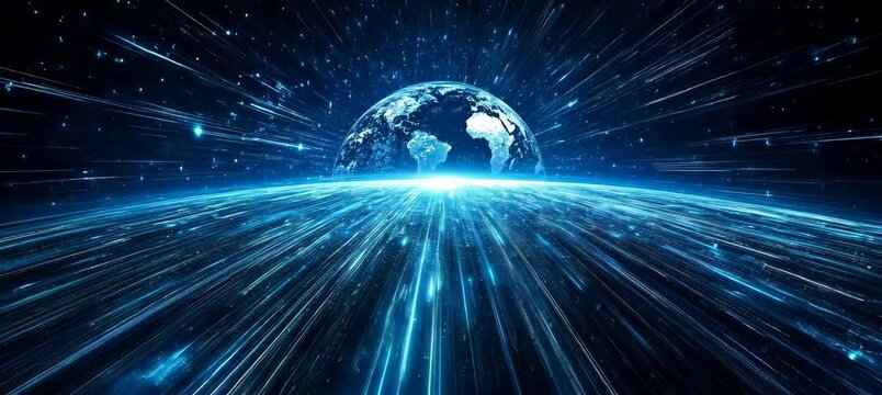 Earth world globe with data wave speed burst. Global internet network telecom and communication. Generative video AI technology.