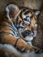 Obraz premium Sleeping tiger cub, orange and black stripes, fluffy paws