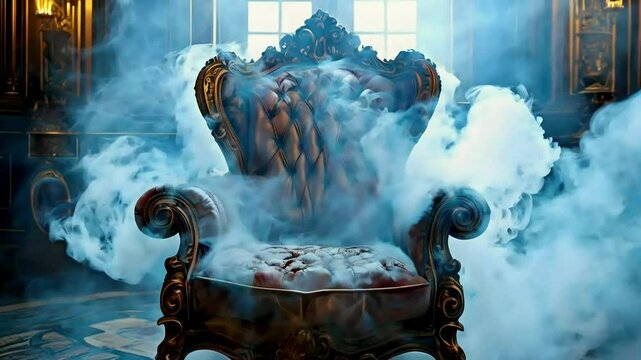 Ornate throne chair engulfed in ethereal blue smoke, in a grand room.