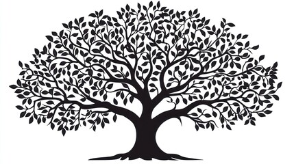 Lush black tree silhouette, isolated, nature background, design element