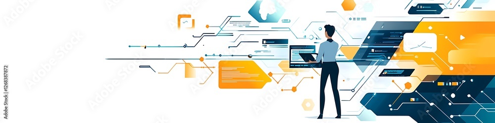 Poster person working with digital technology and data networks
