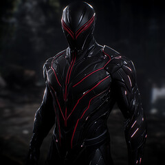 Futuristic Armored Hero Silhouette with Red Accents  Amidst a Dark Outdoor Environment Scene
