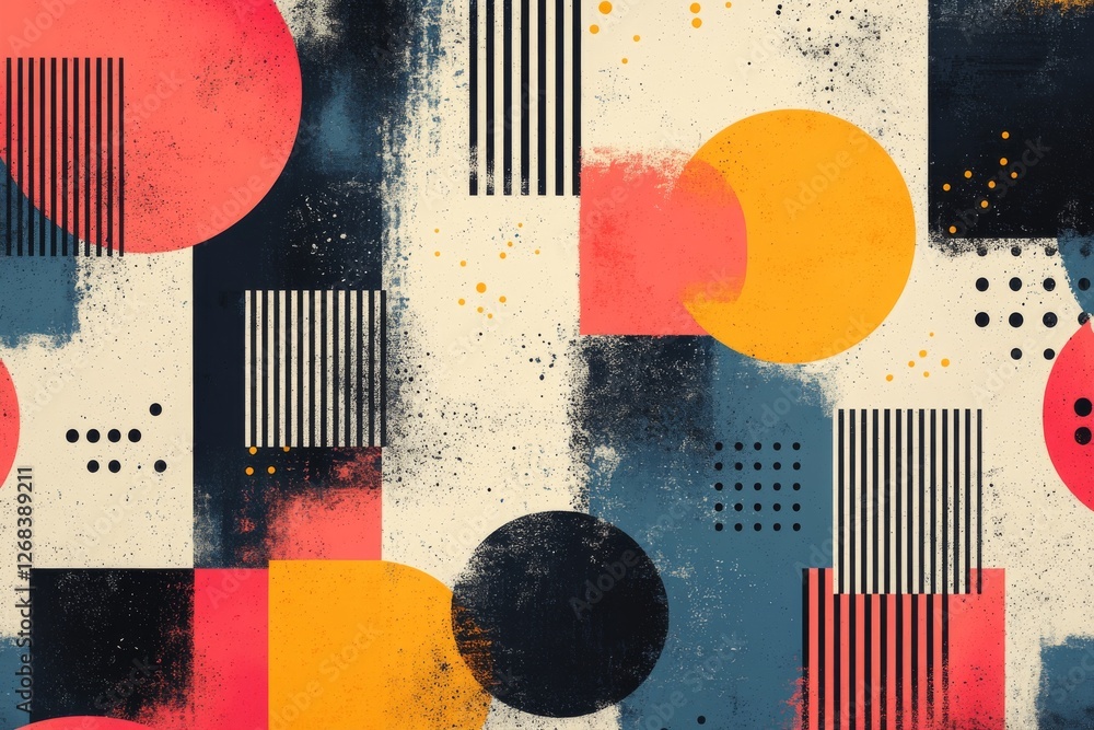 Poster abstract geometric design with a modern, grunge aesthetic. features bold circular and rectangular sh