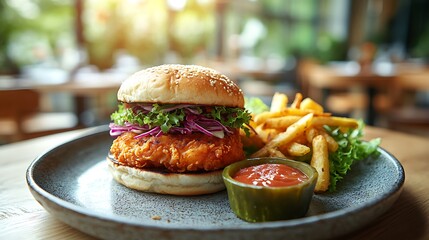 A crispy fried chicken sandwich with pickles, softly blurred cozy restaurant ambiance.