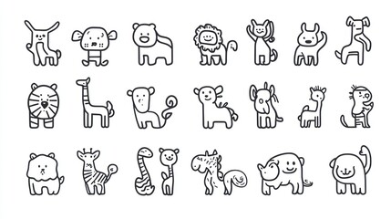 Fototapeta premium Cute cartoon animals; playful designs; white background; children's book illustration