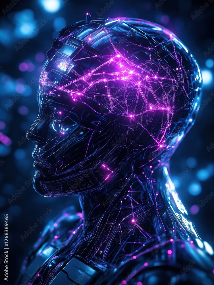 Poster futuristic robotic head with glowing neural network in cyberspace