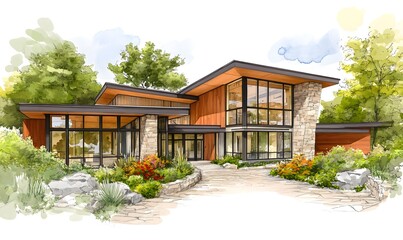 A hand-drawn architectural illustration of a modern cabin nestled in nature, Generative AI