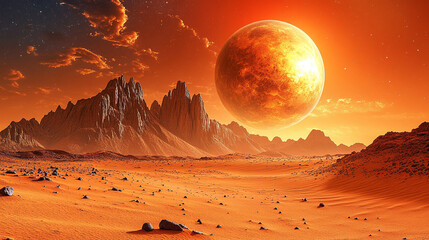 A vast desert landscape with rocky terrain, a large red planet looming in the background, symbolizing isolation, mystery, and the infinite, blending natural beauty with a futuristic touch