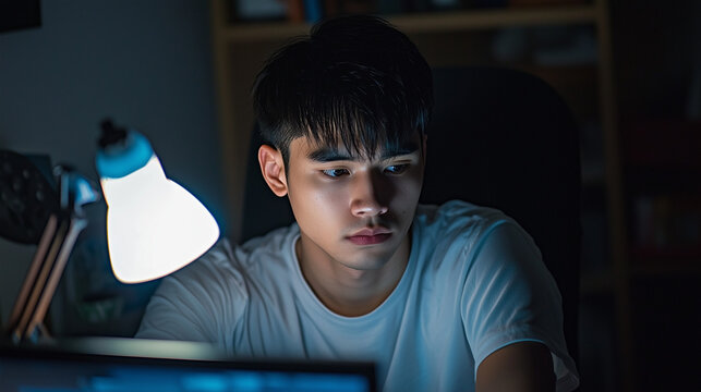 Focused Young Man Working Late at Night on Computer – Modern Remote Work and Freelance Lifestyle