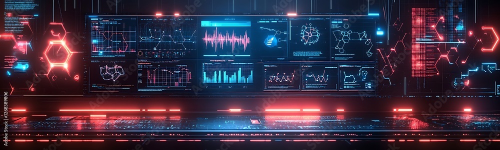 Poster a vibrant, ai-driven science research interface design with neon colors and modern aesthetics.