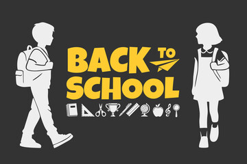 Hand Drawn Back to School Text Typography with Boy and Girl Student Silhouettes and Education Icons. Education Background Design, Greeting Card, Cover, Banner.