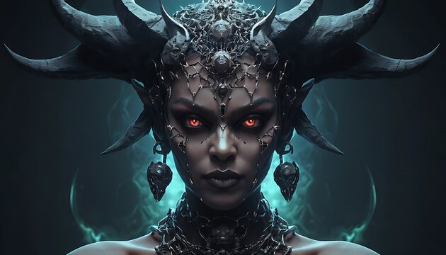 Dark Fantasy Woman Portrait with Horns and Glowing Red Eyes