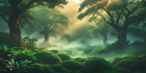 A breathtakingly beautiful nature background featuring a majestic, serene, and intriguing scene that exudes tranquility, with lush greenery, towering trees, created by generative ai