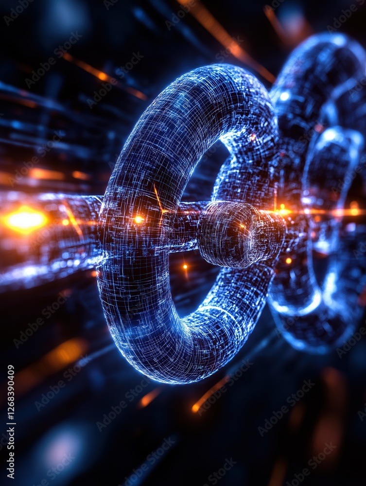 Poster futuristic blockchain technology concept with digital chains and glowing connections