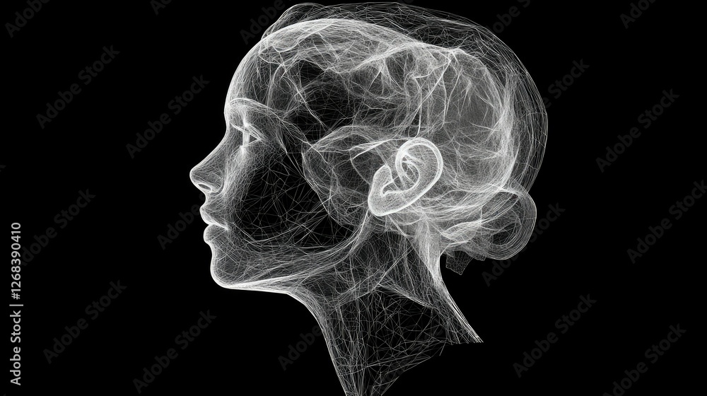 Poster ai brain with a transparent digital wireframe, showing future artificial intelligence evolution.