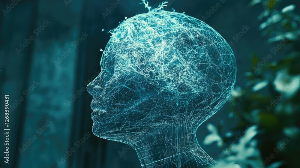 Poster ai brain with a transparent digital wireframe, showing future artificial intelligence evolution.