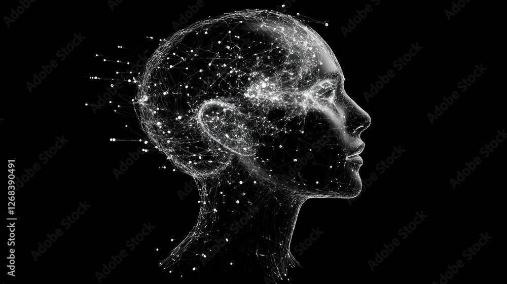 Poster ai brain with a transparent digital wireframe, showing future artificial intelligence evolution.
