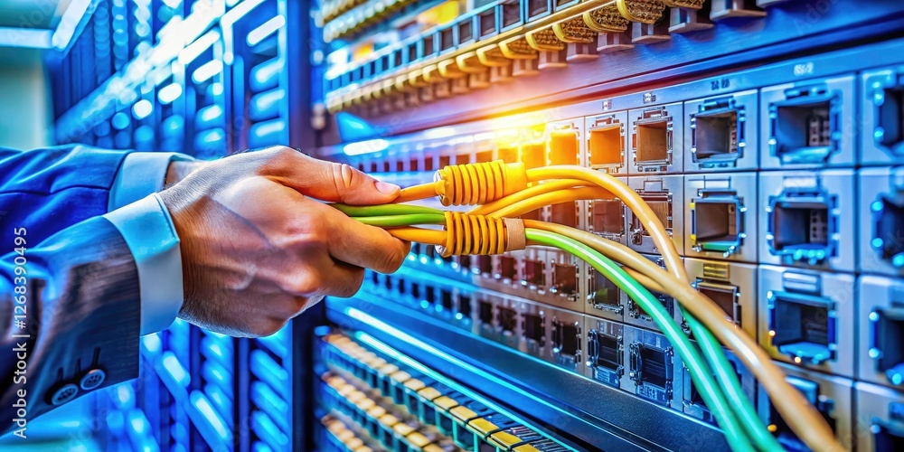 Poster network technician meticulously installs ethernet cable, linking server to switch for optimal data c