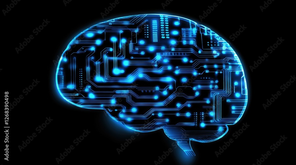 Poster ai-powered brain with a futuristic blue glow, symbolizing machine learning and deep learning.