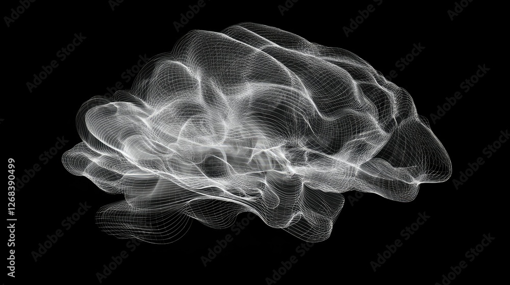 Poster ai brain with a transparent digital wireframe, showing future artificial intelligence evolution.