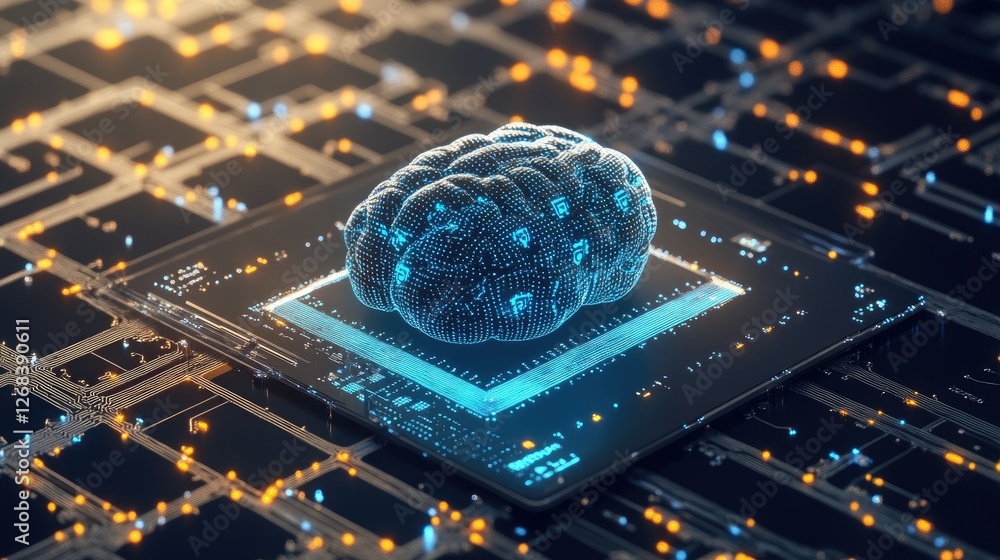 Poster ai-powered brain with a futuristic blue glow, symbolizing machine learning and deep learning.