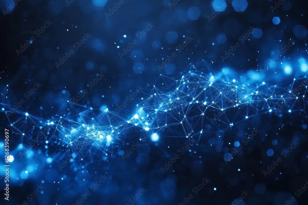 Poster futuristic abstract digital network with glowing blue lines and dots forming a complex web of connec
