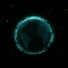 Futuristic Digital Globe Earth with Glowing Blue Outlines and Stars in the Background of Space