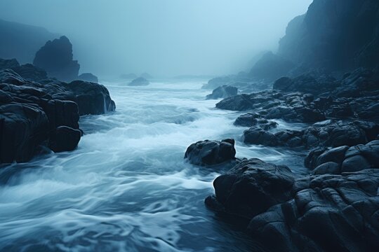 Misty seascape with rocky shore and crashing waves on moody foggy morning. Dark coastal landscape with long exposure effect creating smooth water flow between black stones
