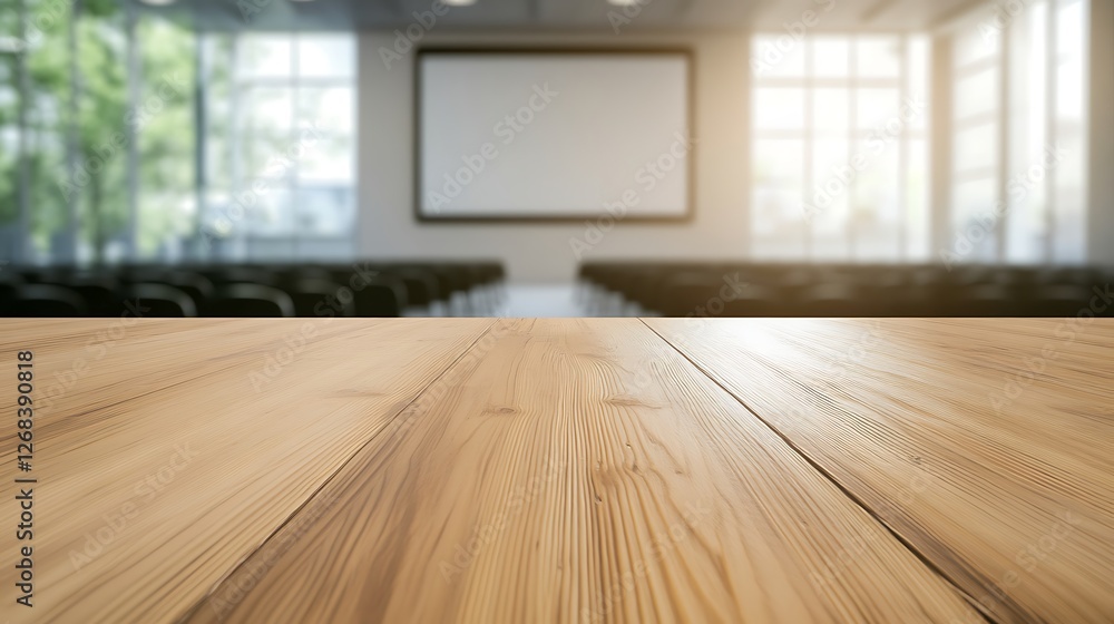 Aufkleber A sharp-focused image of a natural wooden desk with blurred background elements.