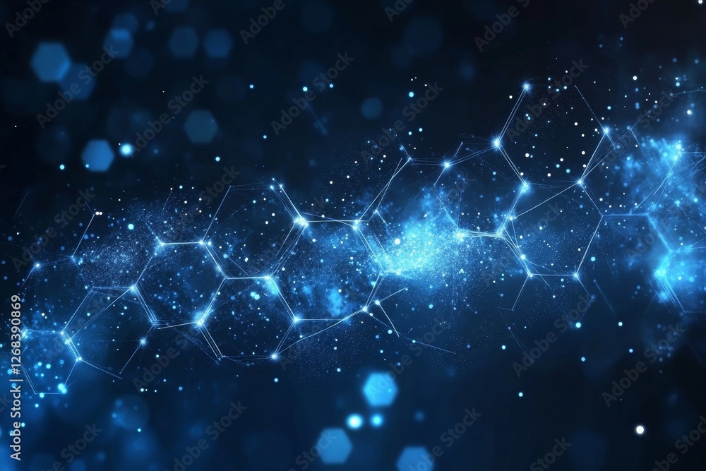 Poster futuristic abstract digital network with glowing blue lines and dots forming a complex web of connec