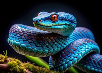 Fototapeta premium Night photography captures the vibrant Blue Insularis Viper in breathtaking 4K wildlife wallpaper.