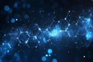 Futuristic abstract digital network with glowing blue lines and dots forming a complex web of connections. The dark blue background enhances the high-tech, cyber, and data visualization theme.