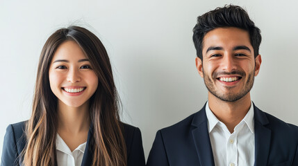 Two office workers, one male and one female, smiling at the camera while wearing business suits, generative AI