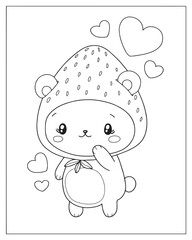 A kawaii-style coloring page featuring a sweet bear character wearing a strawberry-shaped hat, holding a tiny strawberry, surrounded by hearts and playful elements, drawn in black and white line art.
